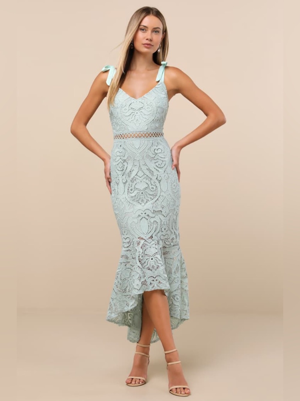 Lulu's Won Your Heart Sage Green Lace Tie-Strap High-Low Midi Dress - Size L